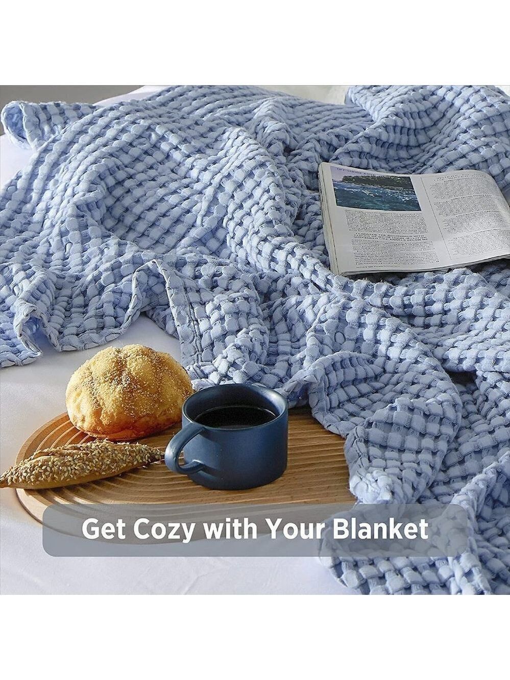 COTTON Waffle Weave Bamboo Blanket King Size Navy Soft Lightweight Bed Blanket - Picture 4 of 6